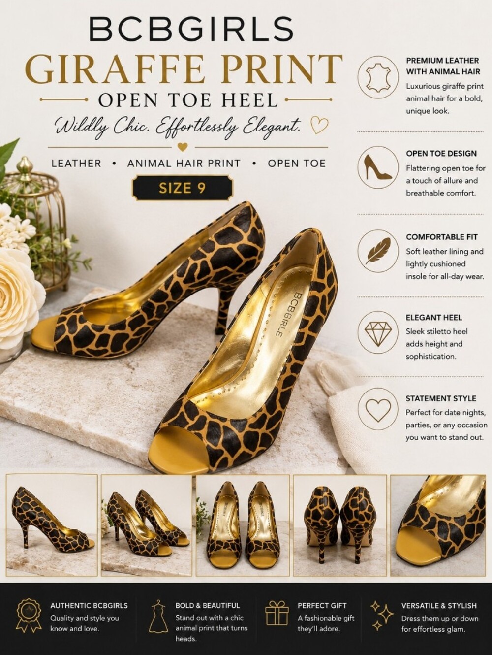 BCBGIRLS Leather Animal Hair Printed Giraffe Open Toe Heel 9